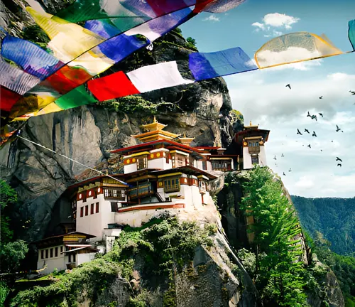 Monastery on cliffside with prayer flags.