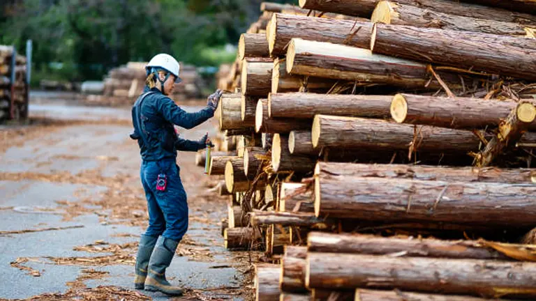 A worker in protective gear inspecting stacked timber logs outdoors.