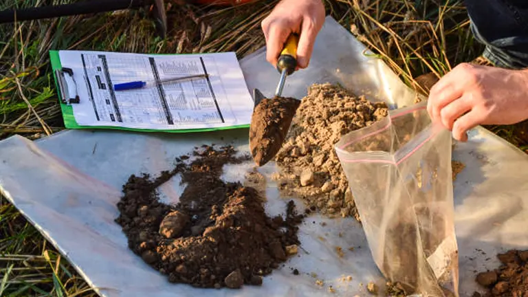 Scientist in a field using a spade to transfer soil into a plastic bag for testing, with a clipboard and test sheets in the background.