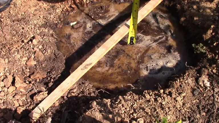 A wooden frame marking a site for a soil water drainage test, filled with water to measure absorption.