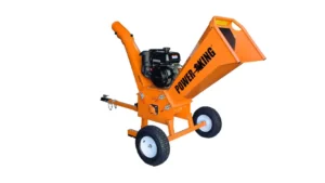 Orange POWER KING wood chipper with a black Kohler engine mounted on a sturdy frame with two large wheels, featuring a prominent hopper and discharge chute for efficient wood chipping