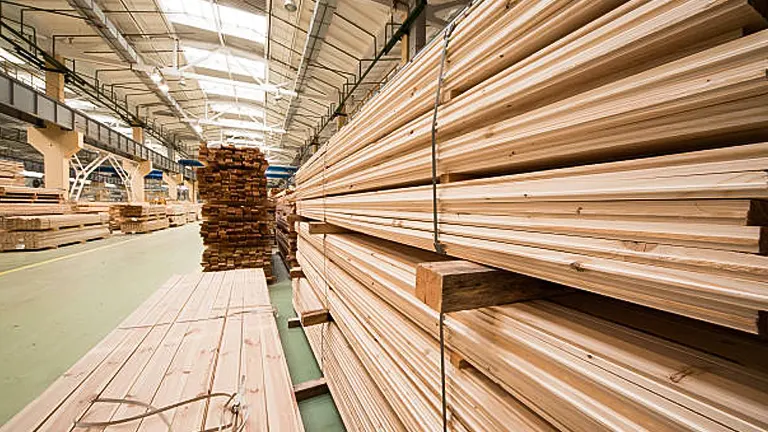 Stacked lumber inside a large industrial warehouse.