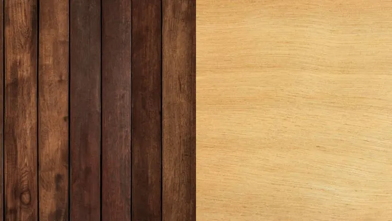 Wooden planks arranged vertically with dark brown color on the left side, and light wood texture on the right side