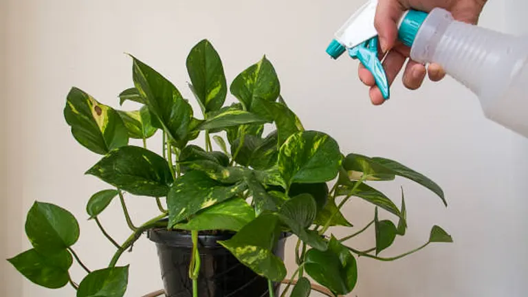 Spraying a leafy Pothos plant with a water sprayer to maintain humidity, set against a plain background.
