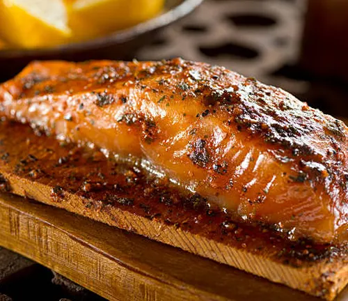 Grilled salmon fillet on a wooden plank, garnished with herbs