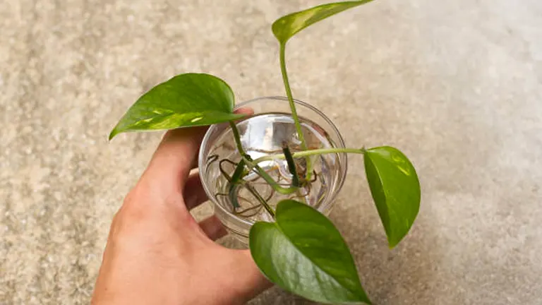 Hand holding a glass with Pothos cuttings rooted in water, showcasing the development of roots.