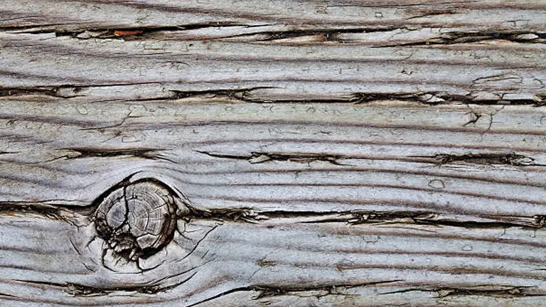 Close-up of weathered gray wood with visible cracks and a knot.