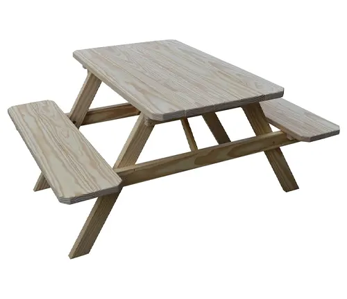Light-colored wooden picnic table with attached benches.