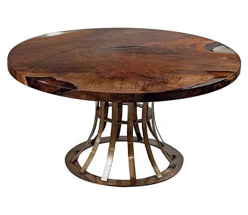 Round wooden table with a polished surface and metal base.