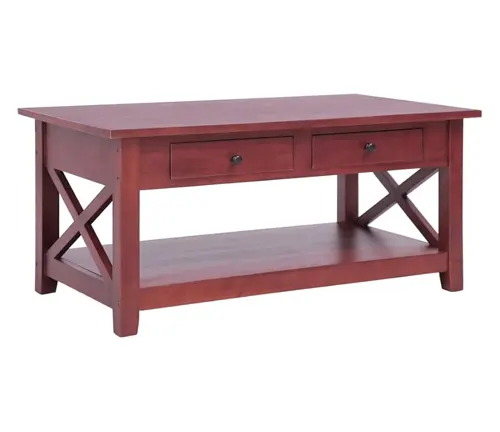 Wooden coffee table with a reddish-brown finish, featuring two drawers and an open lower shelf.