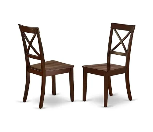 Two wooden chairs with dark brown finish and X-back design.