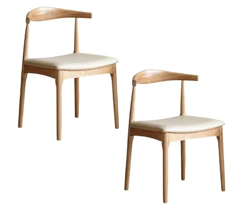 Two wooden chairs with a light finish and upholstered seats.