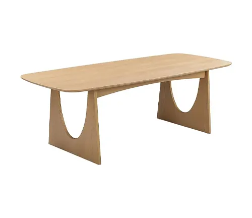 Light wooden table with a unique, curved leg design.