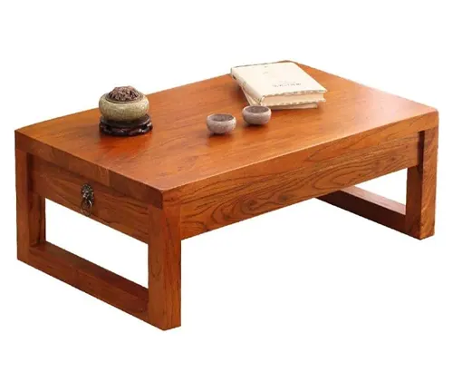 Low wooden table with a rich, dark finish, featuring simple rectangular legs and a minimalist design.