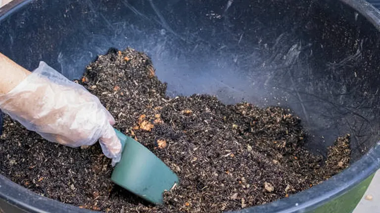 A hand wearing a transparent plastic glove scooping compost from a large bin, illustrating practical garden waste recycling.