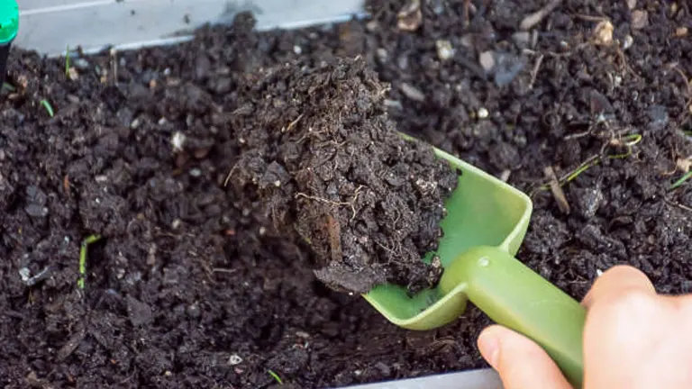 A green plastic scoop lifting a chunk of dark compost from a garden container, demonstrating its use in soil enrichment.