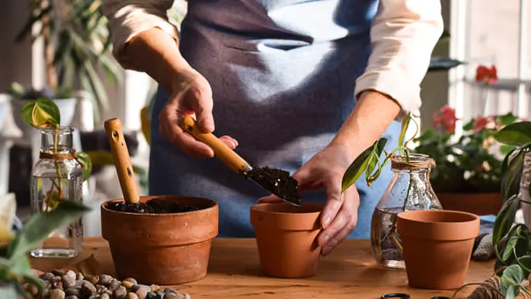Individual potting a Pothos plant, adding soil with a small shovel on a wooden table surrounded by gardening supplies.