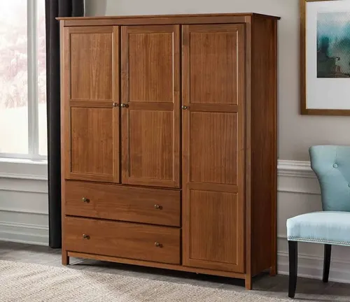 Wooden wardrobe with two drawers and multiple compartments.