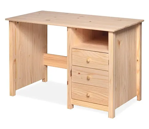 Wooden desk with a simple design, featuring two drawers and a storage compartment.