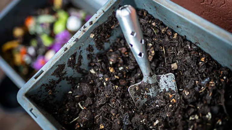 A metal trowel resting in a container filled with compost, showcasing the texture of the nutrient-rich material.