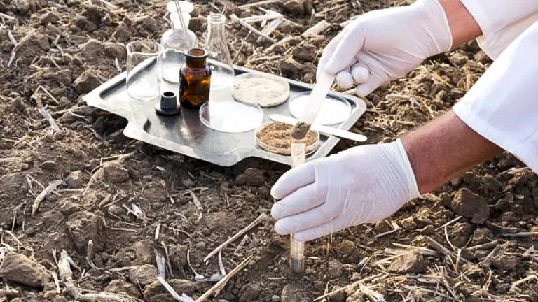 Scientist in a field using a portable testing kit to analyze soil samples directly on the ground.
