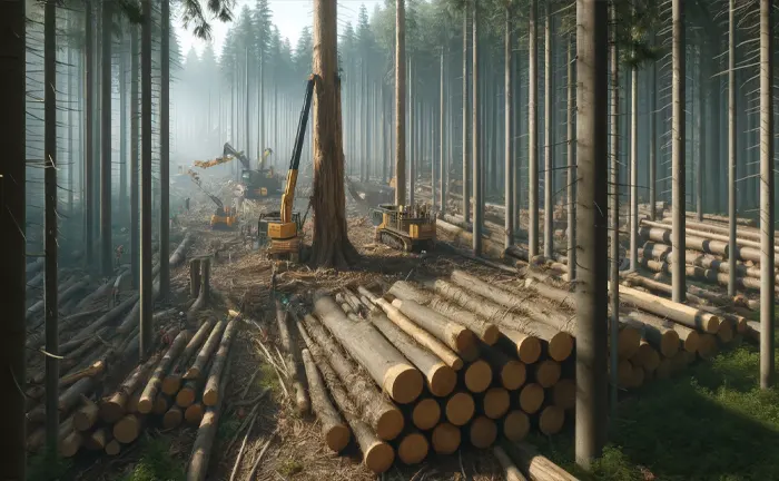 Sustainable Logging Machinery used in a forest, with logs neatly stacked and selective tree felling