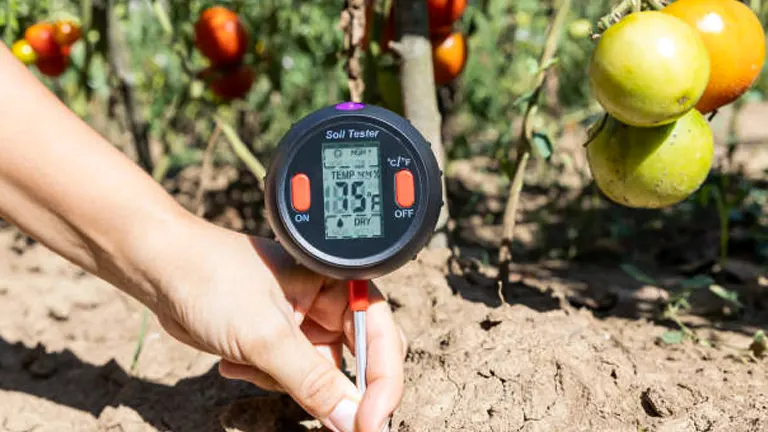 Gardener using a digital soil tester to check the moisture and temperature of the soil in a vibrant garden.