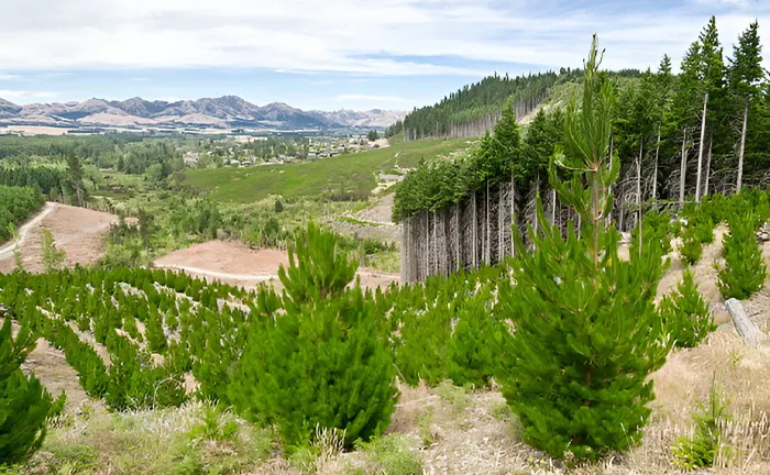 Hillside with diverse tree plantings, illustrating sustainable forest biodiversity practices.