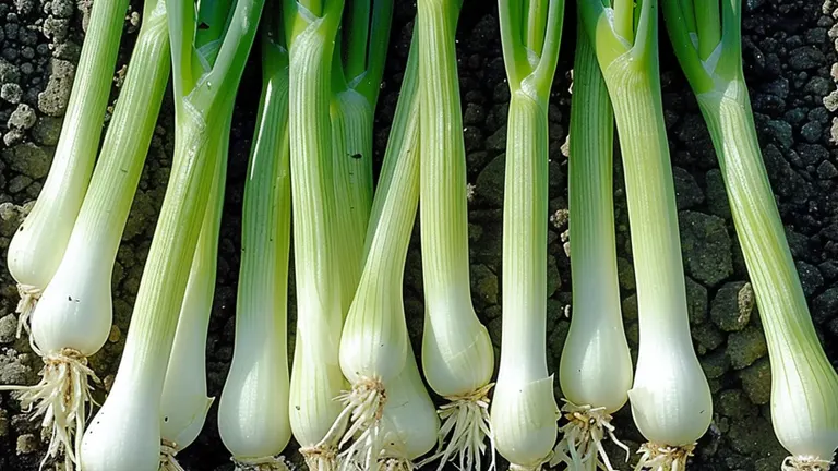 A close-up of freshly harvested bunching onions with vibrant green stalks and white bulbs laid out on soil.