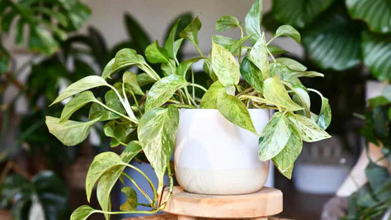 Variegated Pothos plant in a white ceramic pot on a wooden stand, surrounded by other indoor plants