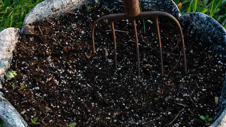 A vintage gardening fork standing upright in a large pot filled with mixed organic soil, emphasizing preparation for planting.