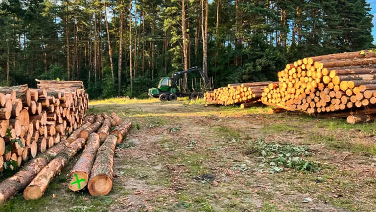 A logging site with stacks of timber logs and a logging machine.