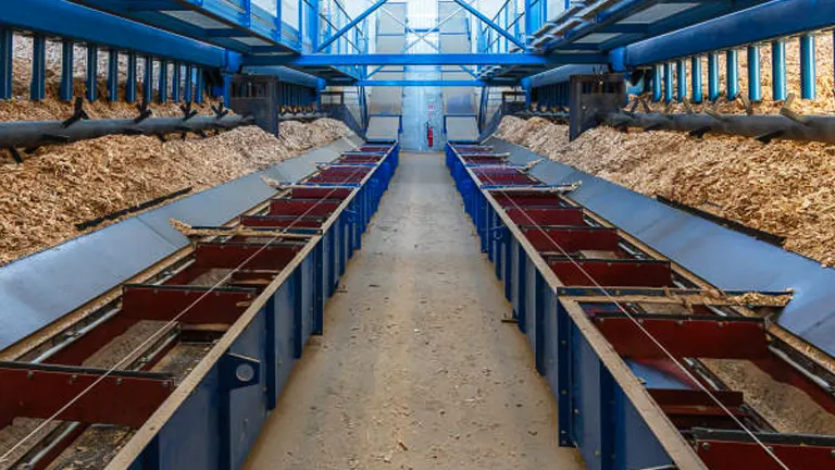 Industrial bioenergy facility with machinery processing wood chips for renewable energy production.