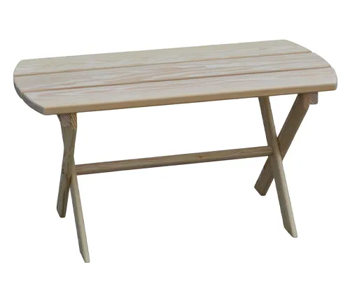 Small wooden table with a simple design and crossed legs.