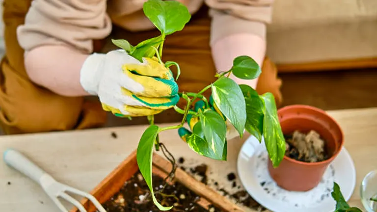 Person wearing yellow gloves holding a Pothos plant, preparing to repot it, with gardening tools in the background.