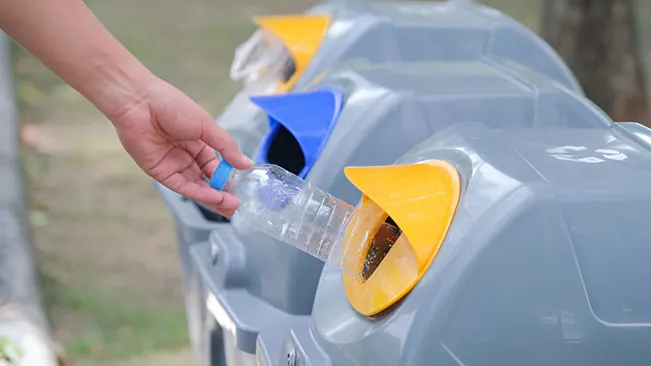 Person placing plastic bottle into recycling bin.