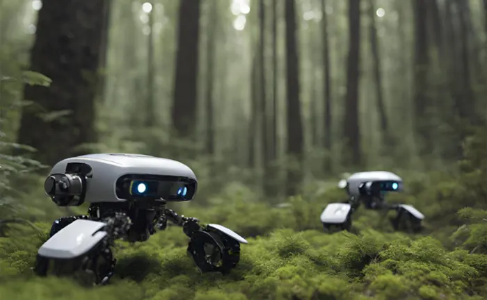 Small robots with cameras and sensors navigating through a forest, representing technological innovations in sustainable forestry.