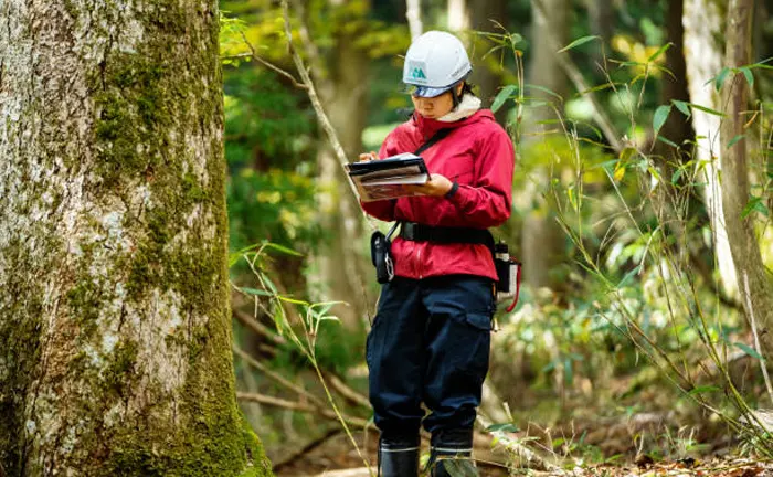 Forester in a hard hat and red jacket taking notes in a forest, illustrating sustainable forestry practices.