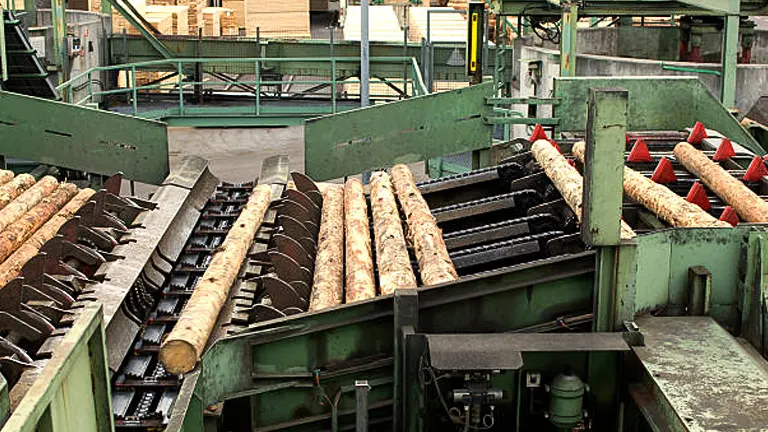 Industrial processing of logs into biomass for energy production.