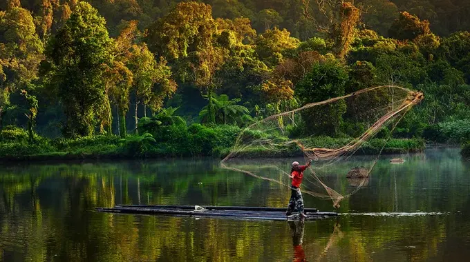 A fisherman casting a large net into a calm, reflective lake surrounded by dense, lush forest. The man, wearing a red shirt and camouflage pants, stands on a narrow wooden raft as he skillfully throws the net.