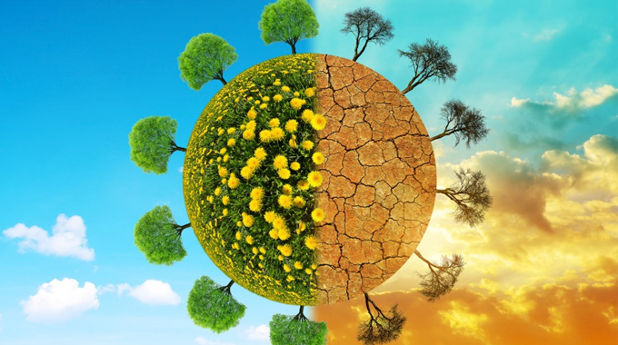 A conceptual illustration of a spherical Earth divided into two halves: one side lush and green with vibrant trees and flowers under a blue sky, and the other side dry and barren with leafless trees under an orange sky, symbolizing the contrast between healthy ecosystems and the impacts of climate change.