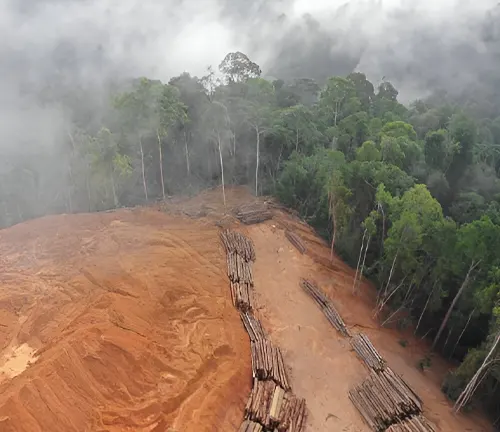 Aerial view of deforestation illustrating human-induced threats like illegal logging and land clearing.