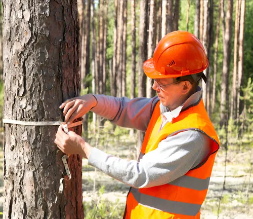 A forestry worker measuring a tree as part of sustainable harvesting practices.