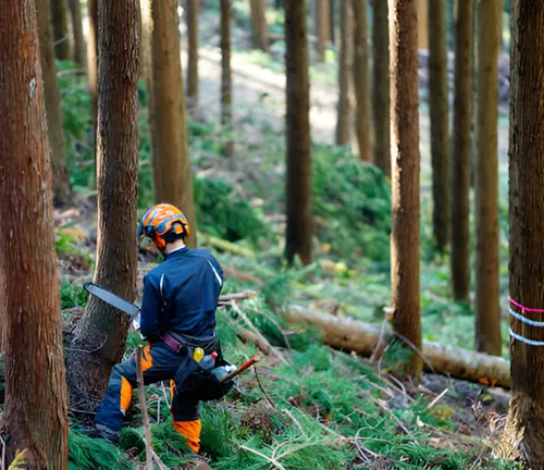 A forester performing selective logging in a dense forest, carefully choosing trees to cut.