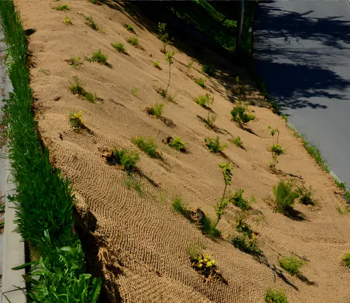 Newly planted vegetation on a slope for soil and water conservation.