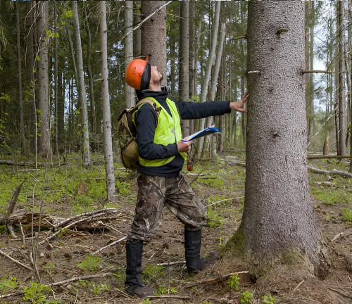 A forester examining a tree in a forest, demonstrating selective logging practices.