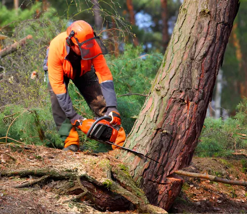 A forester performing shelterwood cutting by felling a mature tree, promoting forest regeneration.