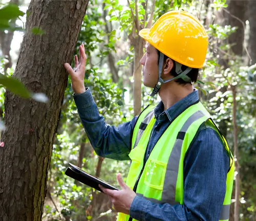 A forest manager conducting comprehensive planning and assessment by examining a tree and taking notes.