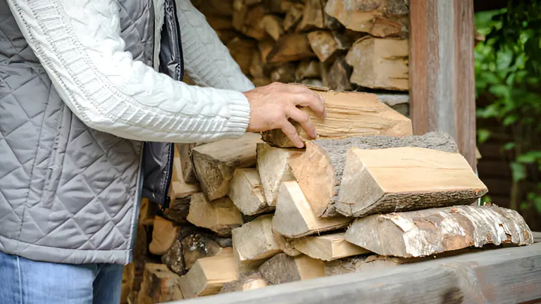 A person selecting a piece of firewood from a neatly stacked pile outdoors.
