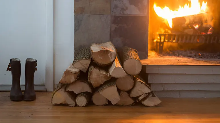 A small stack of firewood placed indoors near a lit fireplace.
